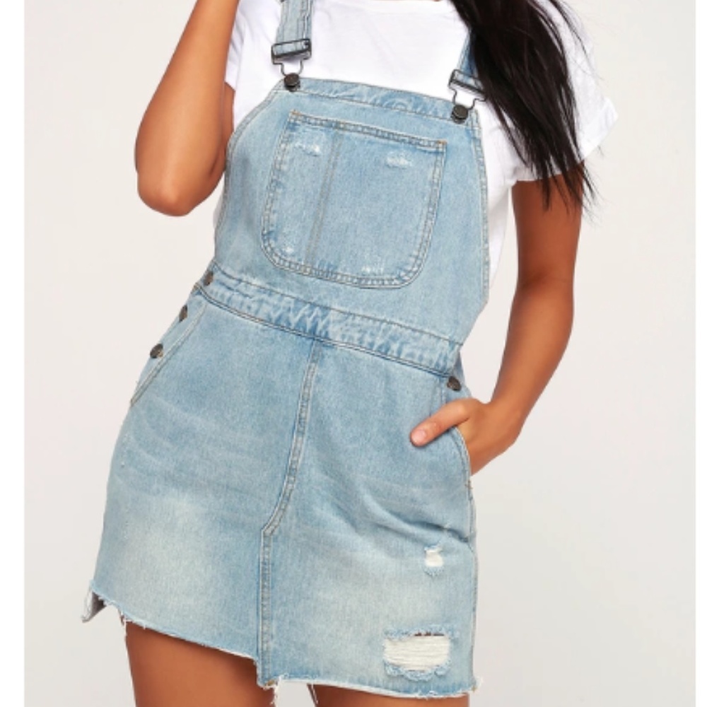 COPY - Light Wash Distressed Denim Skirt Overalls